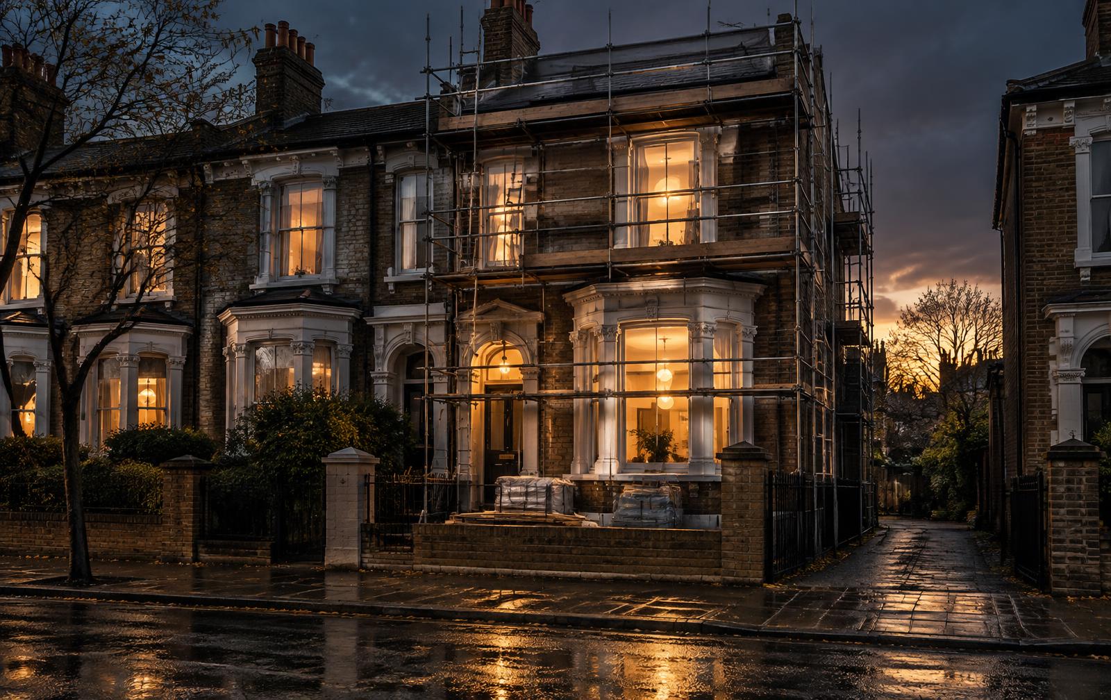 Terraced London house under renovation at dusk, scaffolding on the facade and warm light through the windows