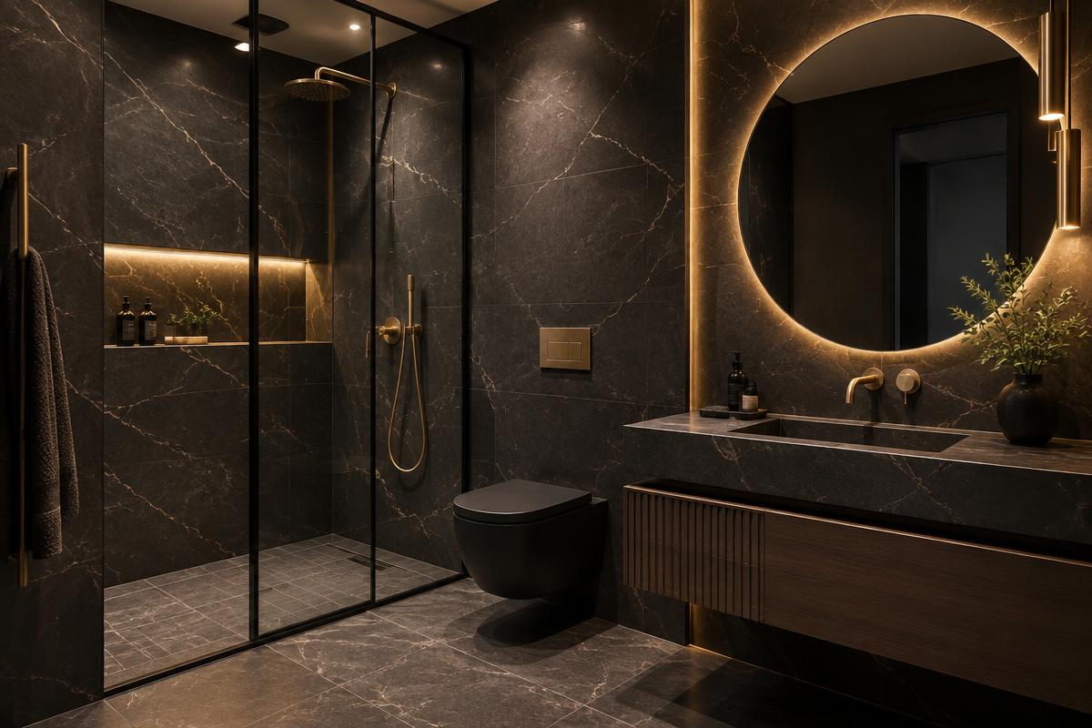 Contemporary bathroom with large charcoal wall tiles, brass fittings and a walk-in shower