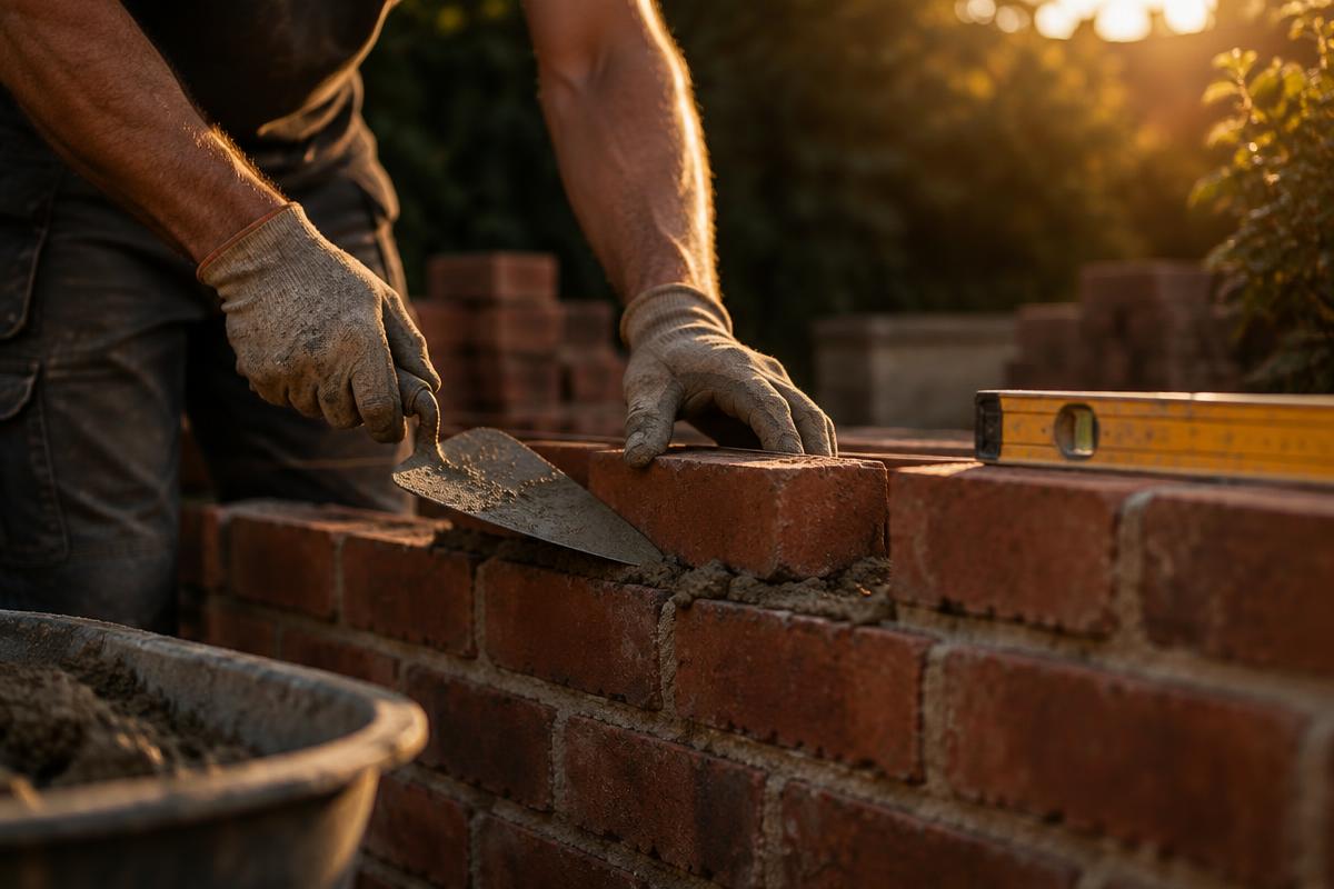 Bricklayer laying a red brick wall with a trowel and spirit level in late afternoon light