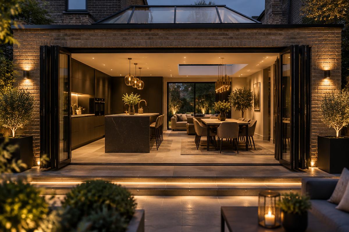 Modern single-storey rear extension with a glass roof over an open-plan kitchen-diner