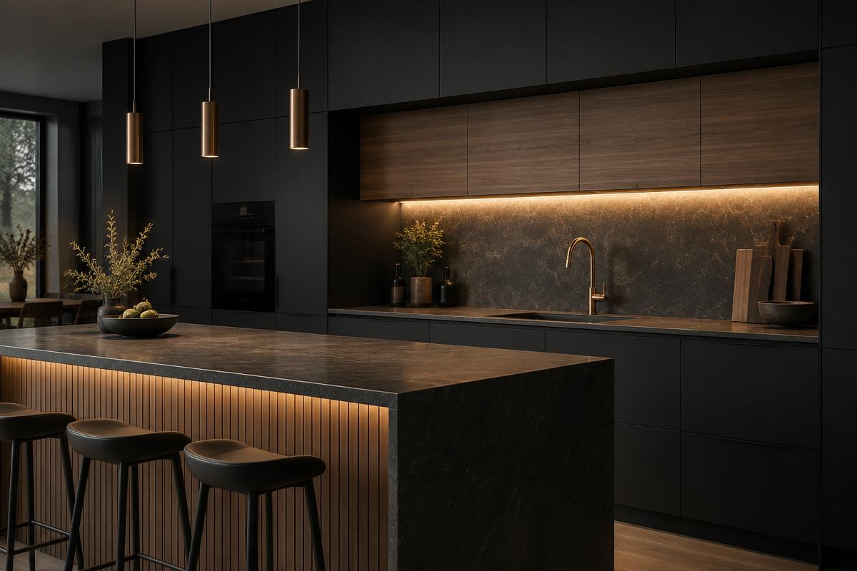 Modern kitchen with matte black cabinets, oak accents and warm under-cabinet lighting