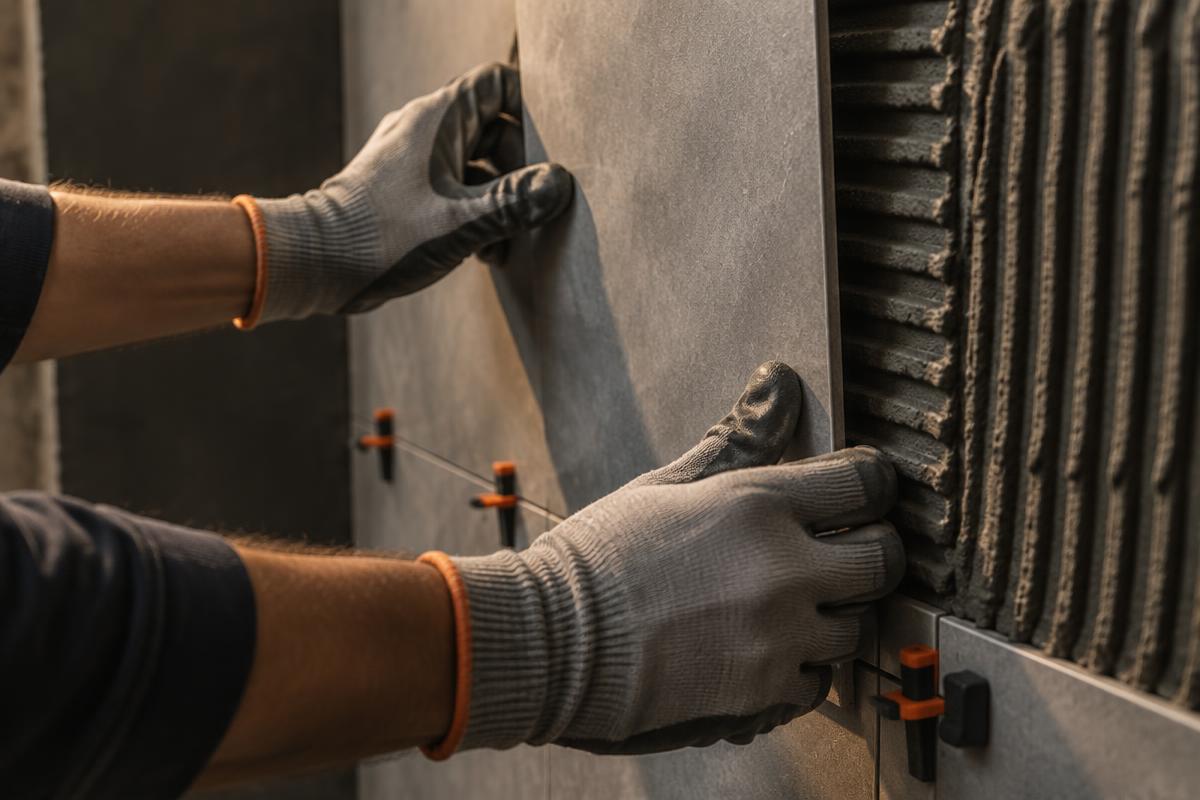 Close-up of gloved hands setting a large-format porcelain wall tile into adhesive